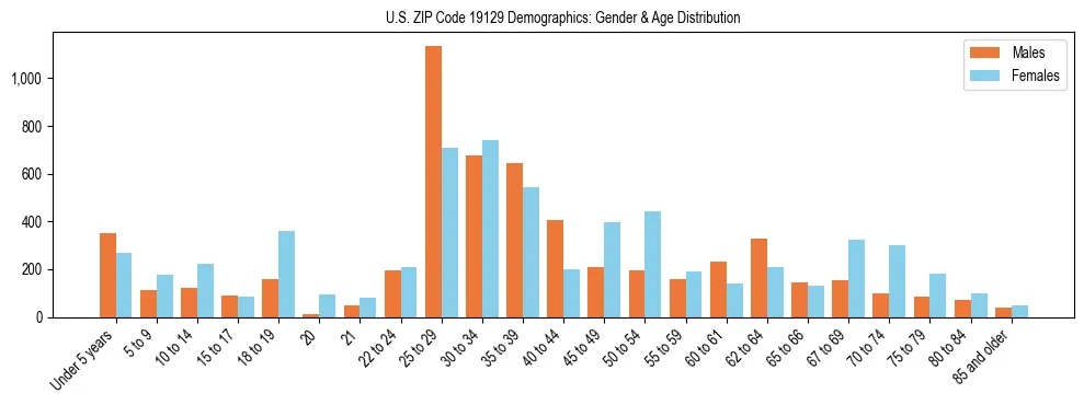 Bar chart showing the population distribution of US ZIP Code 19129 by age group and gender, based on 2023 ACS data.