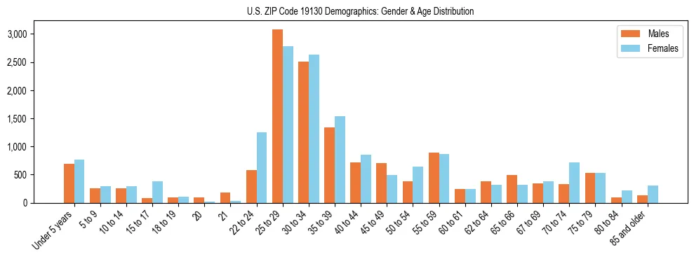 Bar chart showing the population distribution of US ZIP Code 19130 by age group and gender, based on 2023 ACS data.
