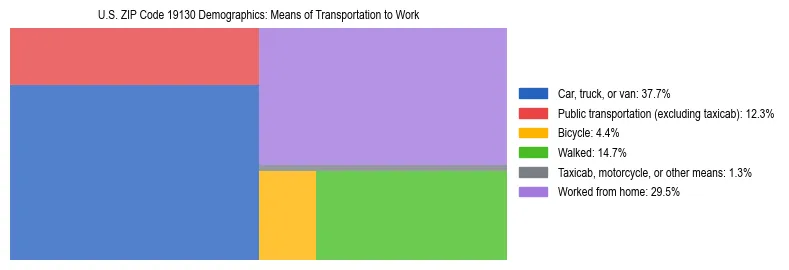 Treemap showing means of transportation to work distribution in US ZIP Code 19130.
