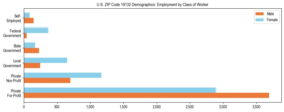 Horizontal bar chart showing employment distribution by class of worker and gender in US ZIP Code 19132, based on 2023 ACS data.