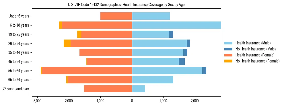 Pyramid chart showing health insurance coverage by age and sex in US ZIP Code 19132.