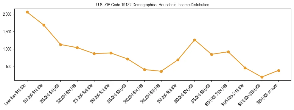 Horizontal bar chart showing household income distribution in US ZIP Code 19132.