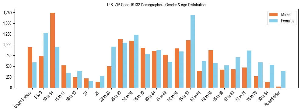 Bar chart showing the population distribution of US ZIP Code 19132 by age group and gender, based on 2023 ACS data.