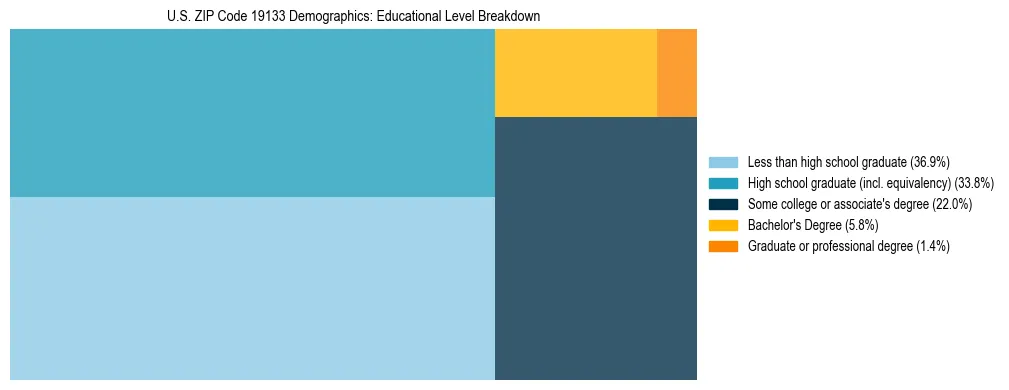 Treemap chart illustrating the educational attainment breakdown for population 25 years and over in US ZIP Code 19133.