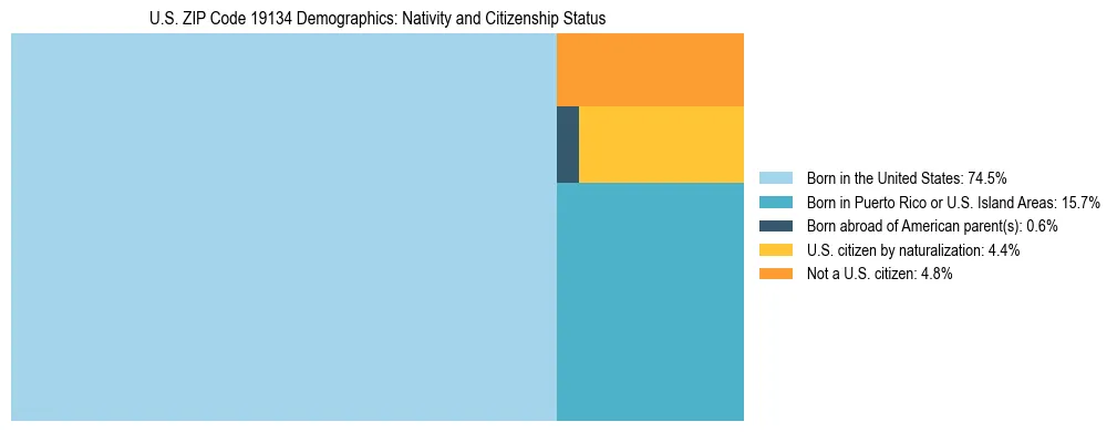 Treemap showing the population distribution by nativity and citizenship status in US ZIP Code 19134 based on U.S. Census data.