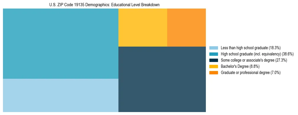 Treemap chart illustrating the educational attainment breakdown for population 25 years and over in US ZIP Code 19135.