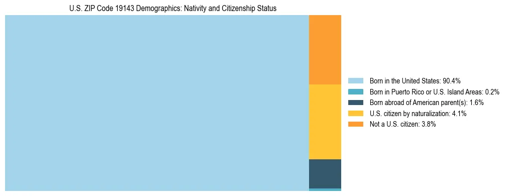 Treemap showing the population distribution by nativity and citizenship status in US ZIP Code 19143 based on U.S. Census data.