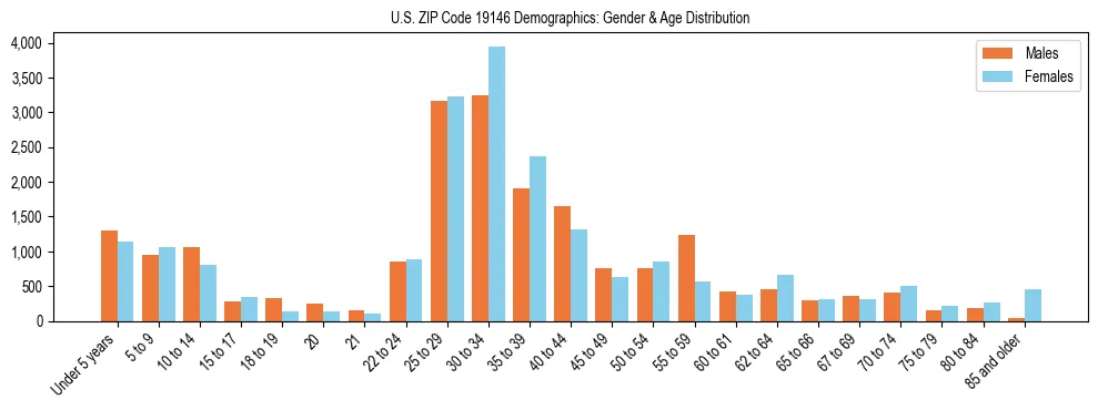 Bar chart showing the population distribution of US ZIP Code 19146 by age group and gender, based on 2023 ACS data.