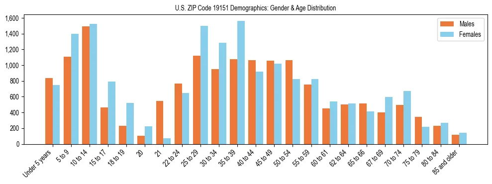 Bar chart showing the population distribution of US ZIP Code 19151 by age group and gender, based on 2023 ACS data.
