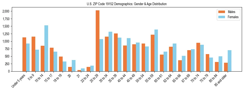 Bar chart showing the population distribution of US ZIP Code 19152 by age group and gender, based on 2023 ACS data.