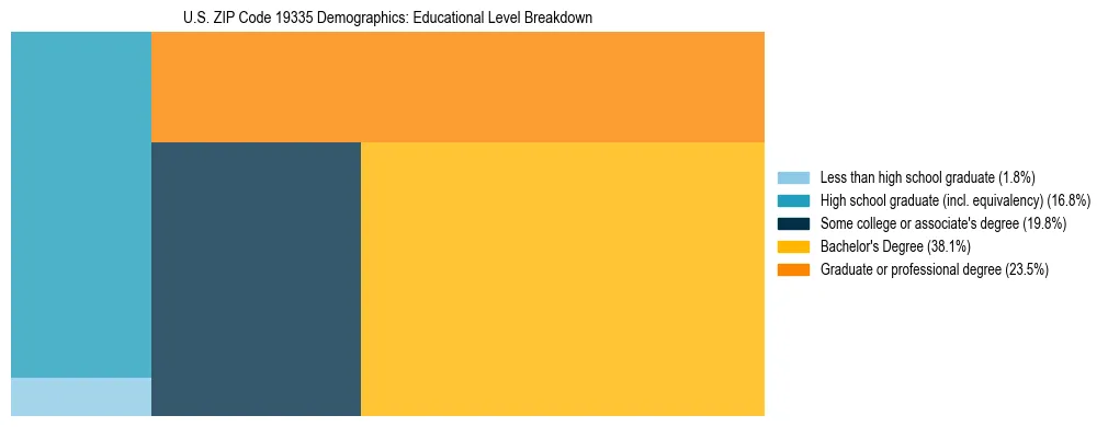 Treemap chart illustrating the educational attainment breakdown for population 25 years and over in US ZIP Code 19335.