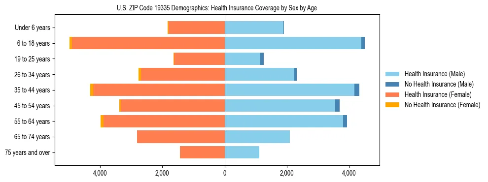 Pyramid chart showing health insurance coverage by age and sex in US ZIP Code 19335.
