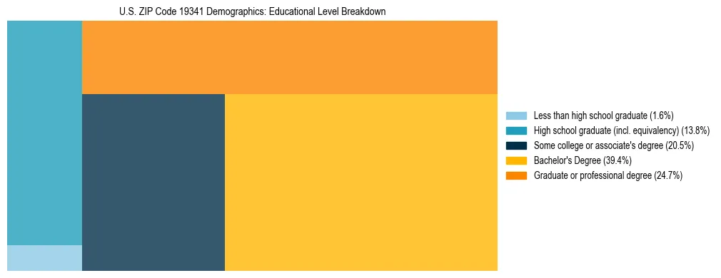 Treemap chart illustrating the educational attainment breakdown for population 25 years and over in US ZIP Code 19341.