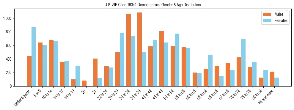 Bar chart showing the population distribution of US ZIP Code 19341 by age group and gender, based on 2023 ACS data.