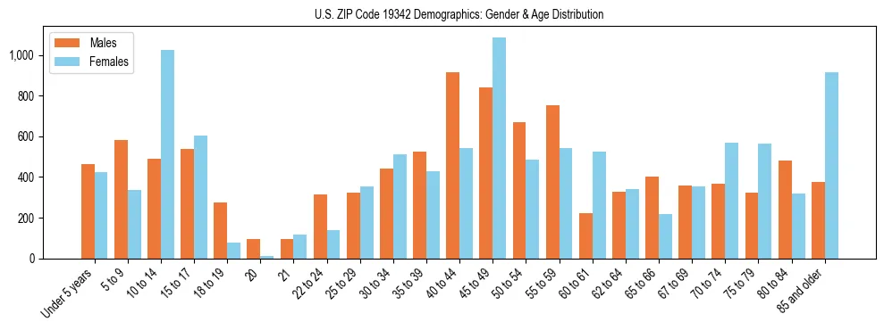 Bar chart showing the population distribution of US ZIP Code 19342 by age group and gender, based on 2023 ACS data.