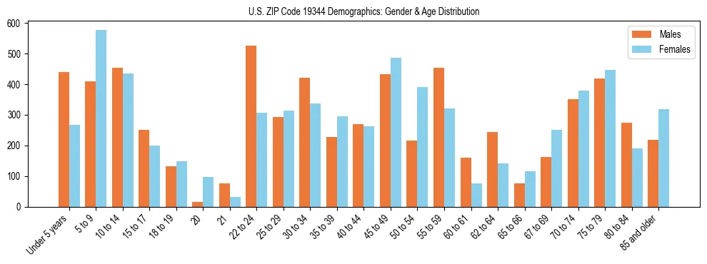 Bar chart showing the population distribution of US ZIP Code 19344 by age group and gender, based on 2023 ACS data.