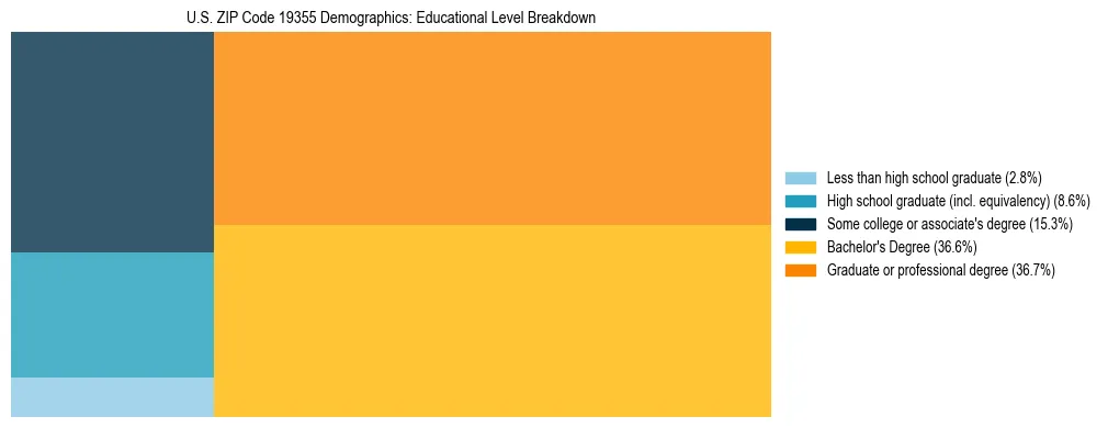 Treemap chart illustrating the educational attainment breakdown for population 25 years and over in US ZIP Code 19355.