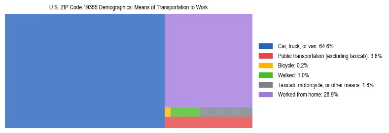 Treemap showing means of transportation to work distribution in US ZIP Code 19355.