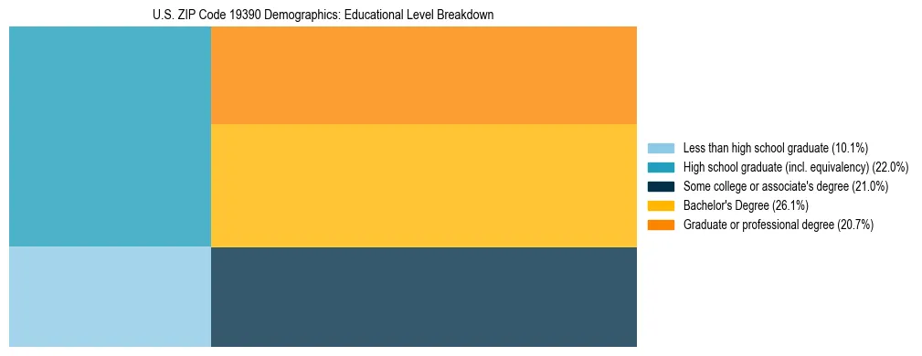 Treemap chart illustrating the educational attainment breakdown for population 25 years and over in US ZIP Code 19390.