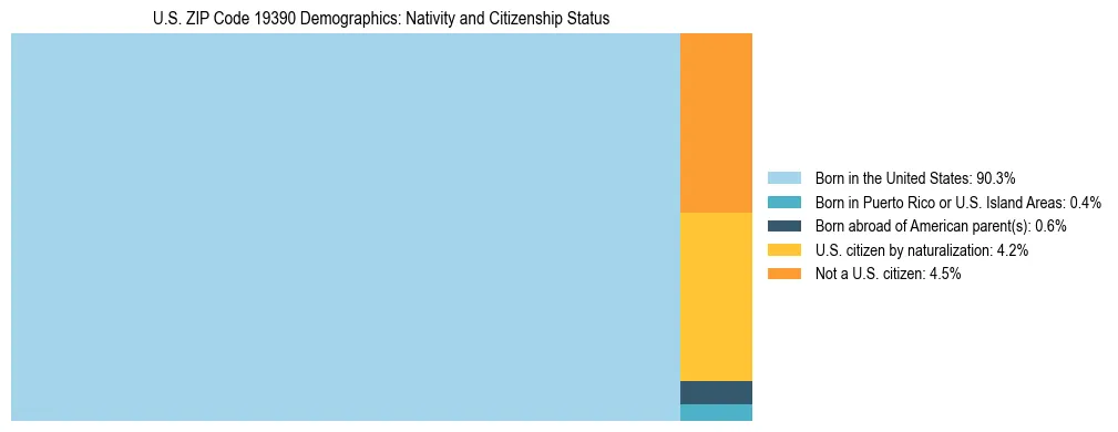 Treemap showing the population distribution by nativity and citizenship status in US ZIP Code 19390 based on U.S. Census data.
