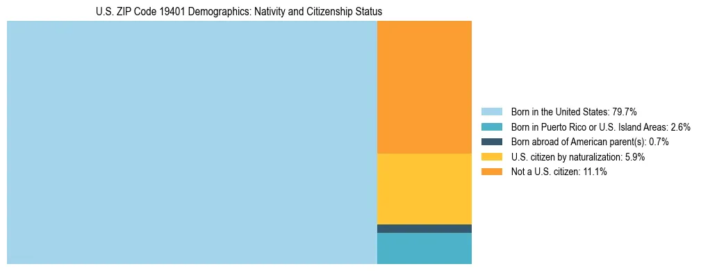 Treemap showing the population distribution by nativity and citizenship status in US ZIP Code 19401 based on U.S. Census data.
