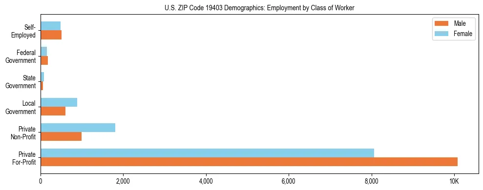 Horizontal bar chart showing employment distribution by class of worker and gender in US ZIP Code 19403, based on 2023 ACS data.