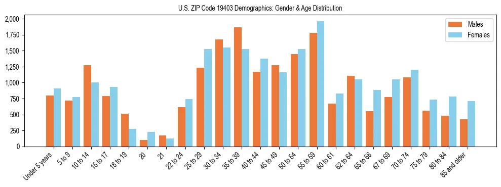 Bar chart showing the population distribution of US ZIP Code 19403 by age group and gender, based on 2023 ACS data.