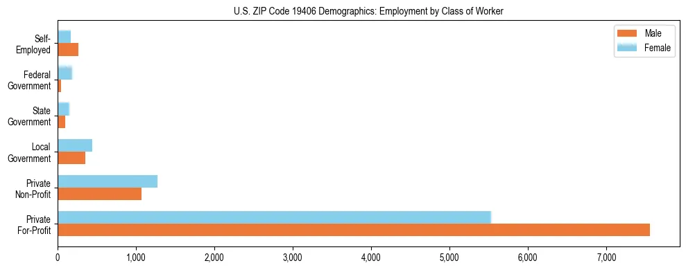 Horizontal bar chart showing employment distribution by class of worker and gender in US ZIP Code 19406, based on 2023 ACS data.