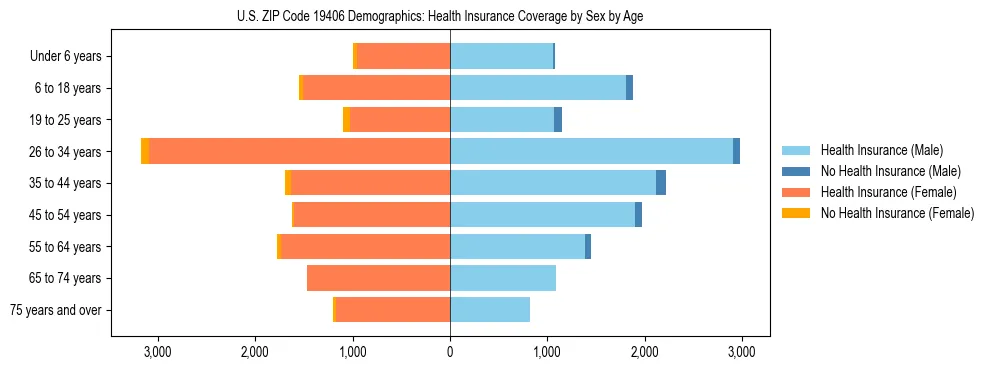 Pyramid chart showing health insurance coverage by age and sex in US ZIP Code 19406.