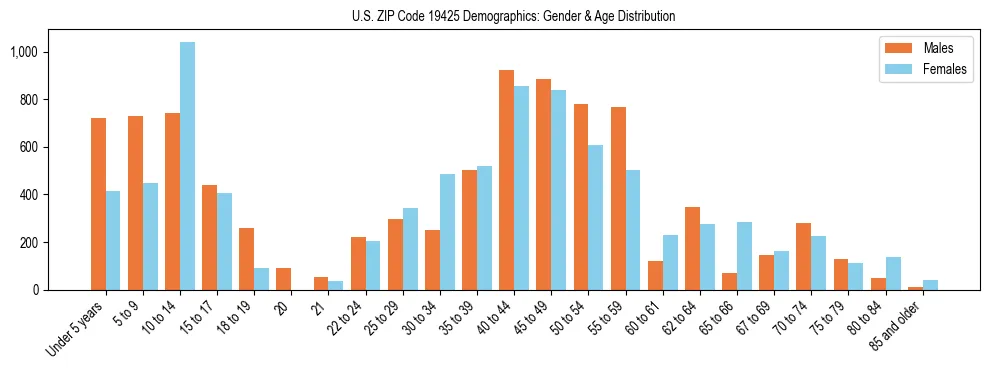 Bar chart showing the population distribution of US ZIP Code 19425 by age group and gender, based on 2023 ACS data.
