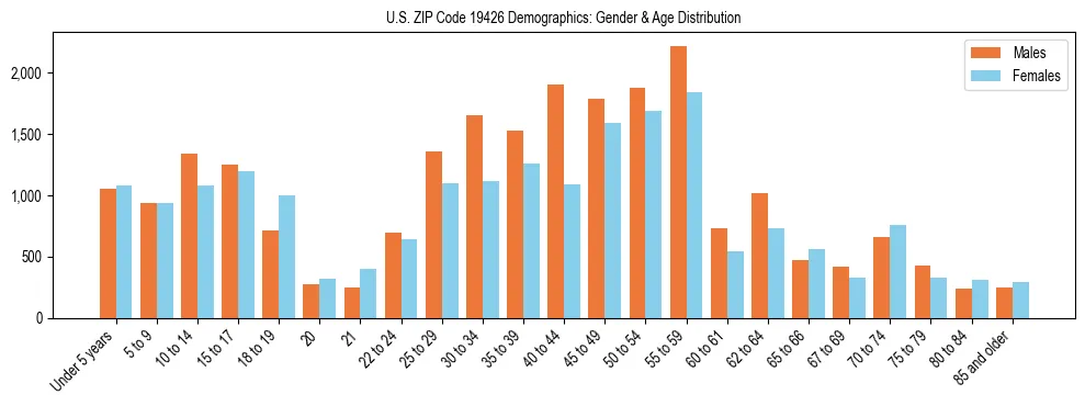 Bar chart showing the population distribution of US ZIP Code 19426 by age group and gender, based on 2023 ACS data.