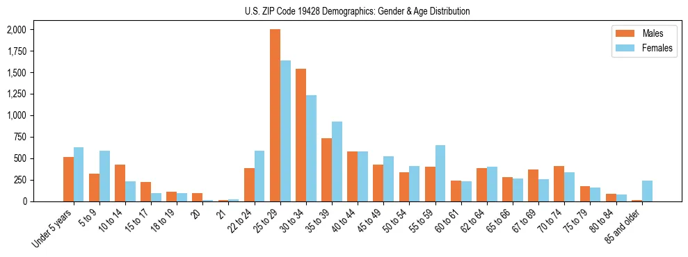Bar chart showing the population distribution of US ZIP Code 19428 by age group and gender, based on 2023 ACS data.