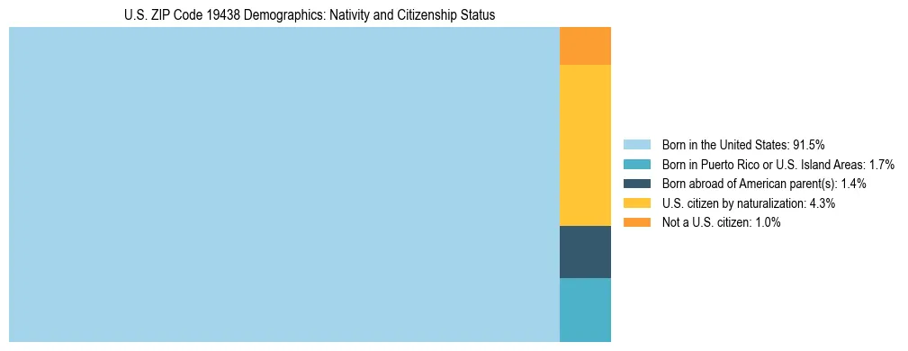 Treemap showing the population distribution by nativity and citizenship status in US ZIP Code 19438 based on U.S. Census data.