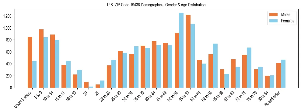 Bar chart showing the population distribution of US ZIP Code 19438 by age group and gender, based on 2023 ACS data.