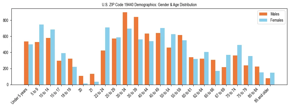 Bar chart showing the population distribution of US ZIP Code 19440 by age group and gender, based on 2023 ACS data.