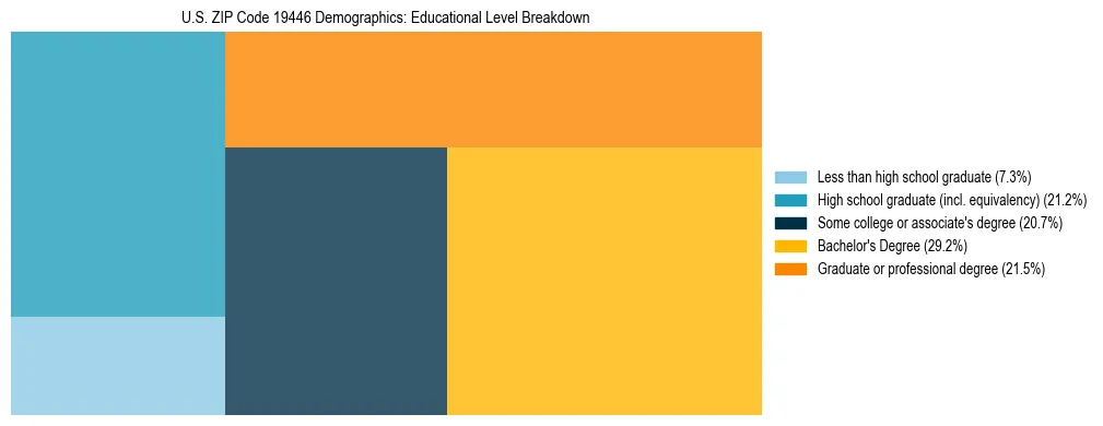 Treemap chart illustrating the educational attainment breakdown for population 25 years and over in US ZIP Code 19446.