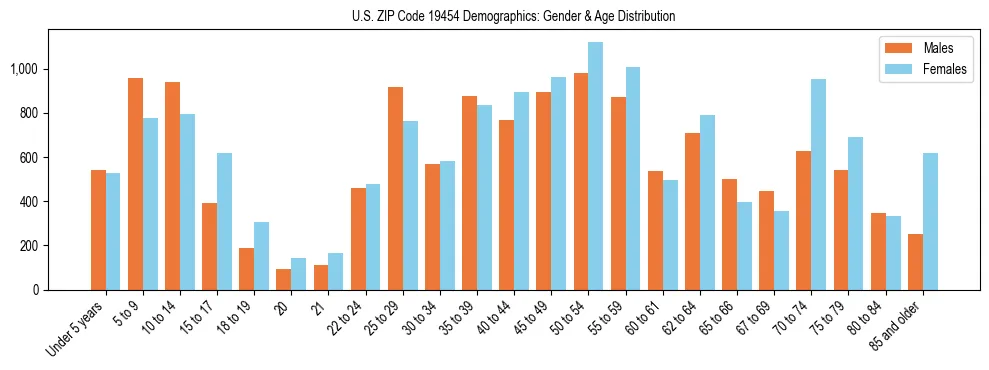 Bar chart showing the population distribution of US ZIP Code 19454 by age group and gender, based on 2023 ACS data.