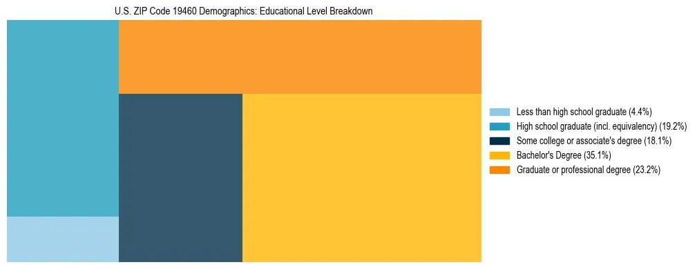 Treemap chart illustrating the educational attainment breakdown for population 25 years and over in US ZIP Code 19460.