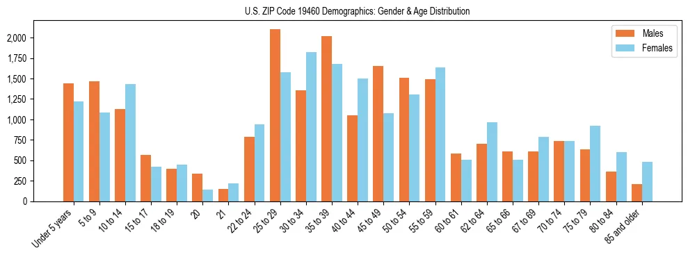 Bar chart showing the population distribution of US ZIP Code 19460 by age group and gender, based on 2023 ACS data.
