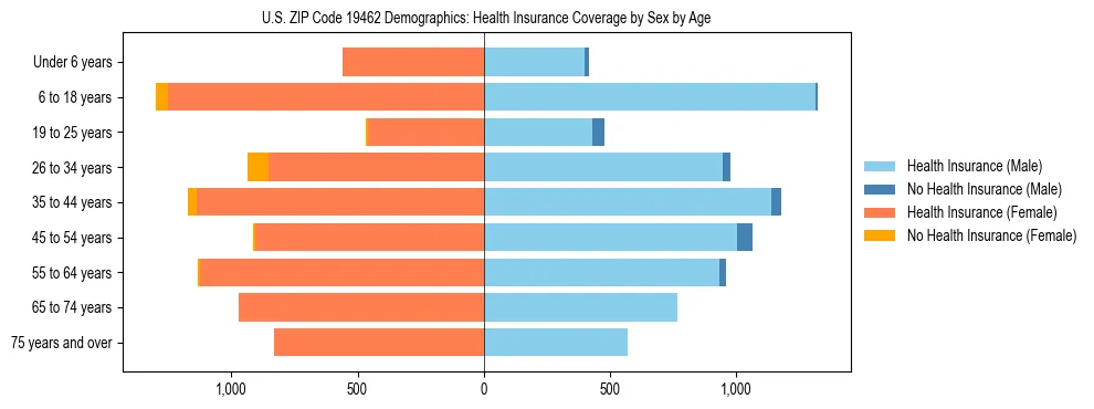 Pyramid chart showing health insurance coverage by age and sex in US ZIP Code 19462.