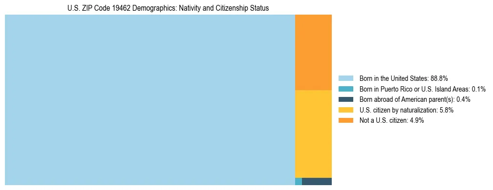 Treemap showing the population distribution by nativity and citizenship status in US ZIP Code 19462 based on U.S. Census data.