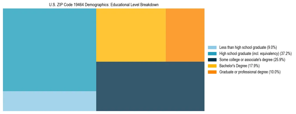 Treemap chart illustrating the educational attainment breakdown for population 25 years and over in US ZIP Code 19464.
