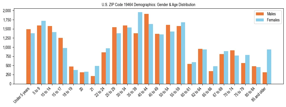 Bar chart showing the population distribution of US ZIP Code 19464 by age group and gender, based on 2023 ACS data.