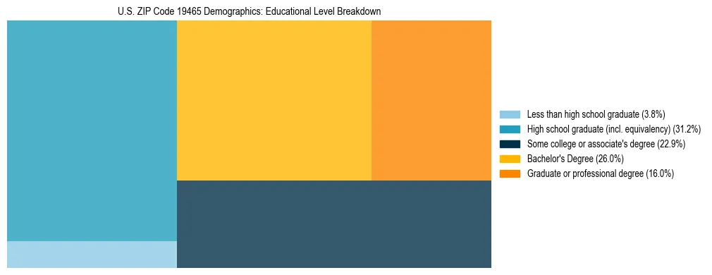Treemap chart illustrating the educational attainment breakdown for population 25 years and over in US ZIP Code 19465.