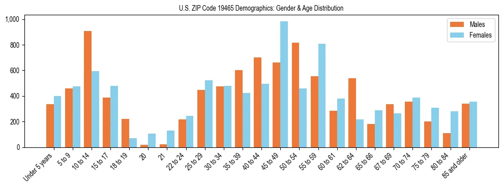 Bar chart showing the population distribution of US ZIP Code 19465 by age group and gender, based on 2023 ACS data.