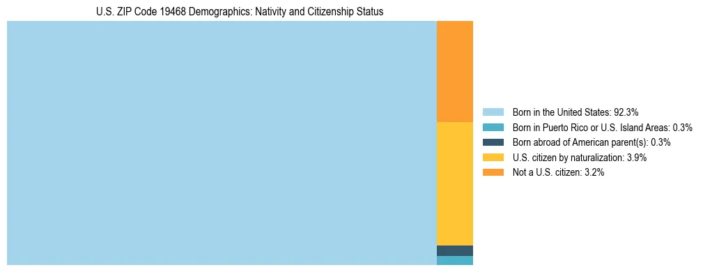 Treemap showing the population distribution by nativity and citizenship status in US ZIP Code 19468 based on U.S. Census data.