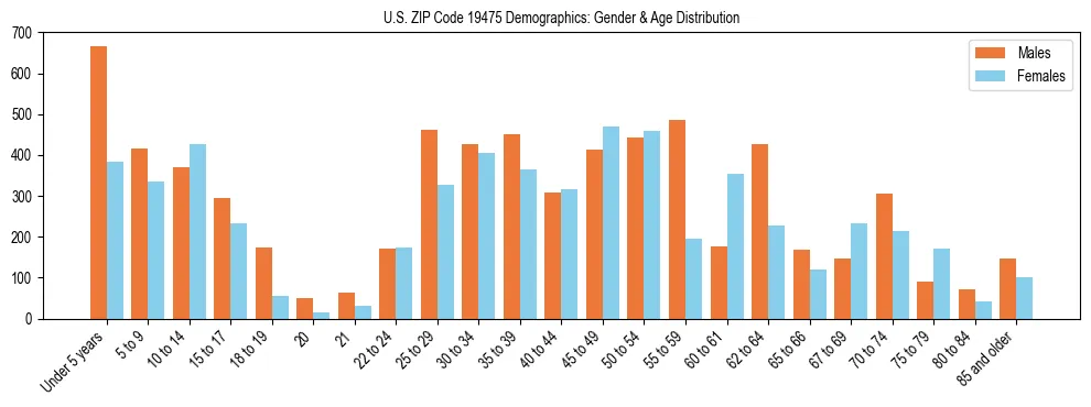 Bar chart showing the population distribution of US ZIP Code 19475 by age group and gender, based on 2023 ACS data.