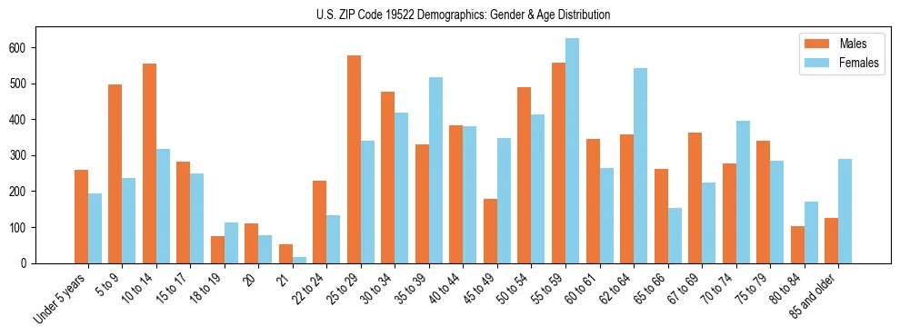 Bar chart showing the population distribution of US ZIP Code 19522 by age group and gender, based on 2023 ACS data.