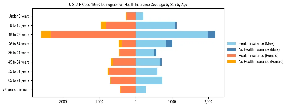 Pyramid chart showing health insurance coverage by age and sex in US ZIP Code 19530.