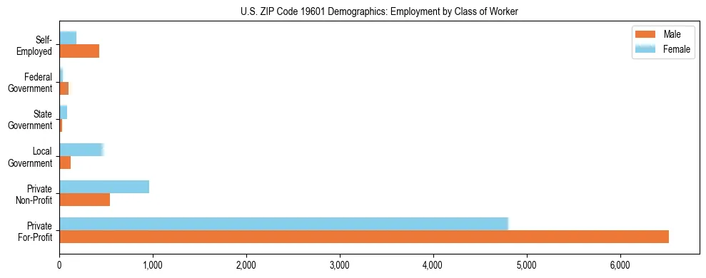 Horizontal bar chart showing employment distribution by class of worker and gender in US ZIP Code 19601, based on 2023 ACS data.